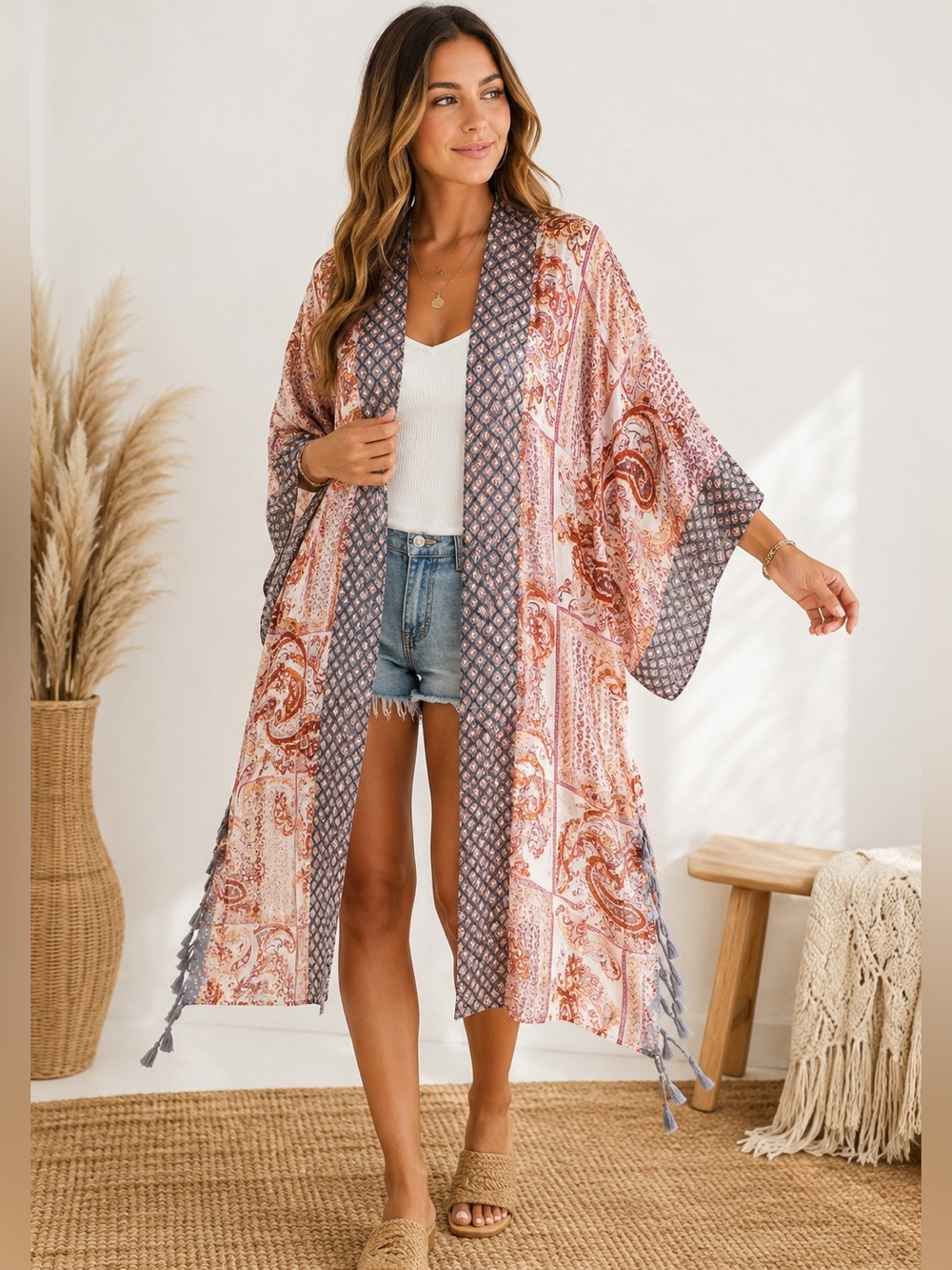 GiGio USA Boho Patchwork Paisley Kimono Duster Tassel Open Front Size L